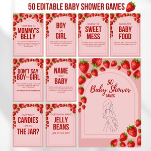 Lot de jeux baby shower aux fraises, activités baby shower douces aux petits fruits, fête aux fraises rouges, fille douce aux petits fruits, jeux modifiables