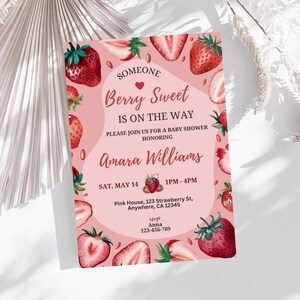 Bewerkbare uitnodiging voor babyshower Berry, uitnodigingssjabloon aardbei, babyshower aardbei, uitnodigingssjabloon, uitnodiging Berry Sweet