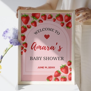 Strawberry Baby Shower, Welcome Sign Baby Shower, Berry Sweet Printable Baby Shower Sign, Digital Download Welcome Sign