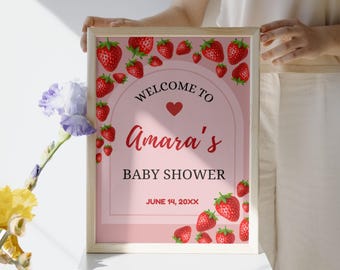Strawberry Baby Shower Welcome Sign, Berry Sweet Printable (Digital Download)