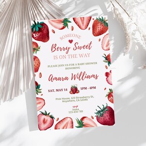 Bewerkbare babyshoweruitnodiging aardbei, beery Sweet babyshower, digitale babyshower uitnodiging, uitnodigingssjablonen, uitnodiging aardbei