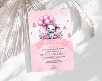 Pink Floral Elephant Baby Shower Invitation, Girl (Digital Download)