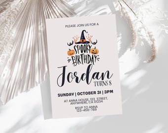 May include: A Halloween-themed invitation with the text "Spooky Birthday" and the name "Jordan". The invitation includes a witch hat, pumpkins, and bats. The date is October 31st at 3 PM. RSVP information is provided.