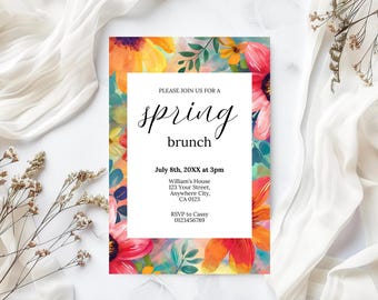 Floral Watercolor Spring Brunch Invitation, Editable Canva Template (Digital Download)