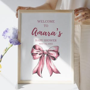 Editable Pink Bow Baby Shower Welcome Sign Baby Girl Shower Welcome Template Minimalist Pink Ribbon Bow Welcome Sign Gingham Baby Shower