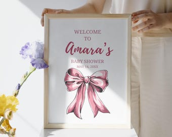 Różowa kokardka na powitanie na baby shower, szablon w kratkę gingham (do pobrania w wersji cyfrowej)