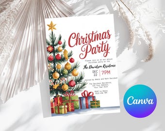 May include: A Christmas Party invitation with a watercolor illustration of a decorated Christmas tree, gifts, and the text "Christmas Party." The invitation includes event details and a Canva logo.