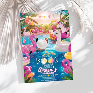 Bearbeitbare Pool Party Geburtstagseinladung, Flamingo Geburtstagseinladung, Pool Party einladen, Rosa Einladung, Rosa Flamingo, Mädchen Pool Party