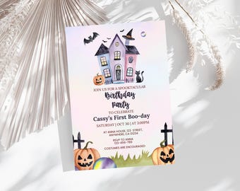 May include: Halloween-themed invitation with a watercolor illustration of a haunted house, pumpkins, bats, and a black cat. The invitation text reads "Join us for a Spooktacular Birthday Party" and includes event details.