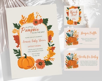 Fall Pumpkin Baby Shower Invitation Set, Gender Neutral (Editable in Canva)