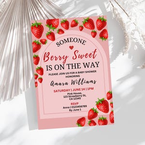 Editable Berry Sweet Baby Shower Invitation, Strawberry Baby Shower Invite, Berry Sweet Baby on the Way Invitation Blush Berry, Shower Evite