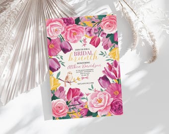 Convite floral para chá de panela, modelo editável no Canva (download digital)