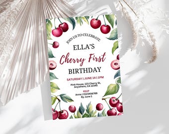 Cherry First Birthday Invitation Template, Editable Invite (Digital Download)