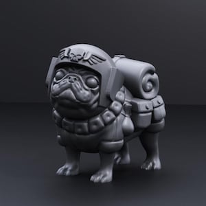 May include: A grey 3D printed figurine of a pug wearing a helmet and carrying a backpack. The pug is wearing a collar with a chain and has a serious expression on its face.
