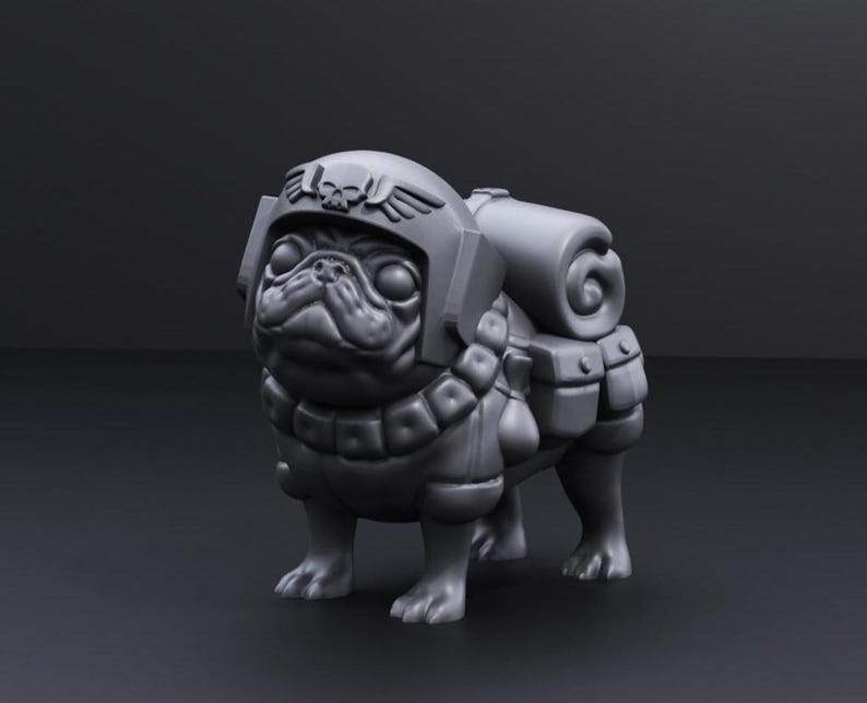 May include: A grey 3D printed figurine of a pug wearing a helmet and carrying a backpack. The pug is wearing a collar with a chain and has a serious expression on its face.