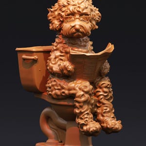 May include: A whimsical sculpture of a poodle wearing glasses and sitting on a toilet, engrossed in reading a newspaper. The sculpture is a warm, earthy orange color, with detailed textures. The toilet has a classic design.