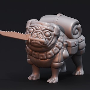 May include: A grey, 3D printed figurine of a pug wearing a backpack and holding a knife in its mouth.