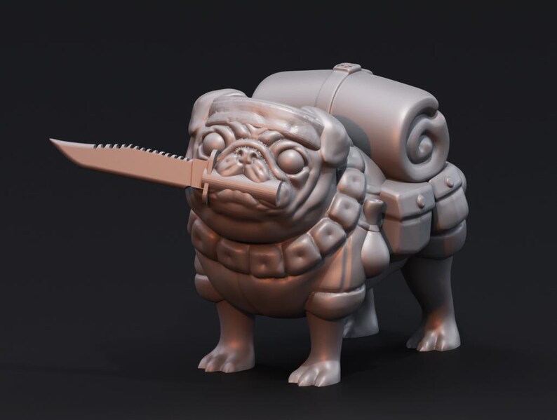 May include: A grey, 3D printed figurine of a pug wearing a backpack and holding a knife in its mouth.