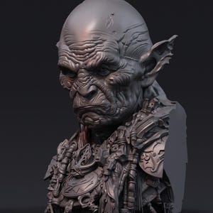 May include: A detailed, gray bust of a humanoid creature with a wrinkled face, large ears, and a bald head. The creature has a stern expression and is adorned with intricate mechanical armor and cabling around the shoulders and chest.