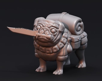 May include: A gray, 3D printed figurine of a pug wearing a backpack and holding a knife in its mouth.