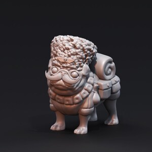 May include: A grey 3D printed figurine of a pug wearing a military-style hat with a winged insignia, a moustache, and a backpack.