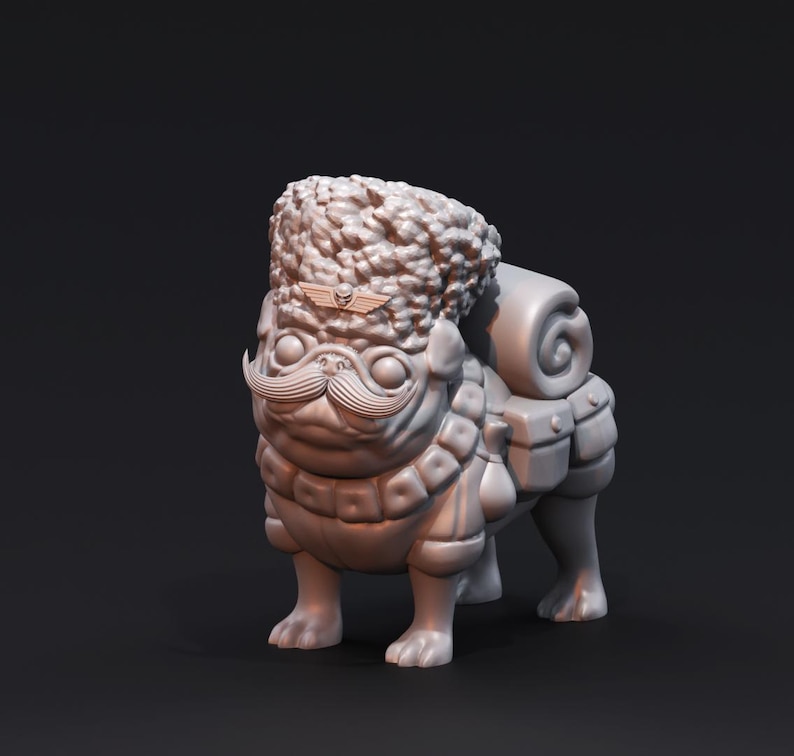 May include: A grey 3D printed figurine of a pug wearing a military-style hat with a winged insignia, a moustache, and a backpack.