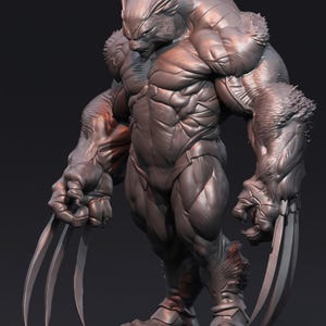 May include: A detailed sculpture of a muscular, humanoid creature with animalistic features. The figure has sharp claws extending from its hands and a fierce expression. The overall color is a muted gray, highlighting the intricate details of the anatomy.