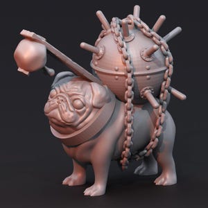 May include: A grey 3D printed figurine of a pug dog wearing a collar and carrying a large, round, spiked object on its back. The object is attached to the dog with a chain.