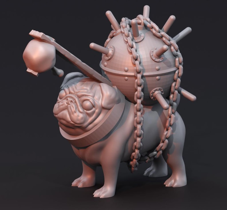 May include: A grey 3D printed figurine of a pug dog wearing a collar and carrying a large, round, spiked object on its back. The object is attached to the dog with a chain.