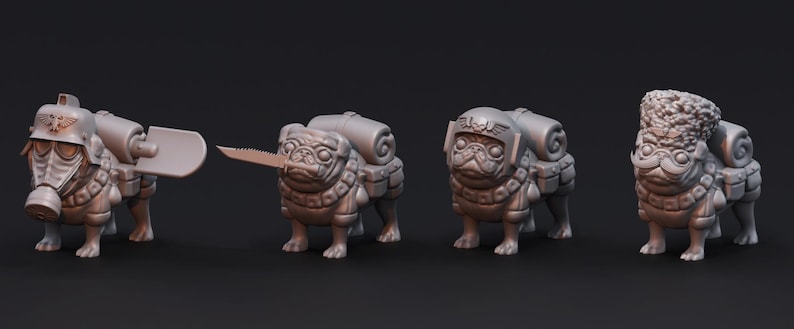 May include: Four miniature pug figurines wearing military-inspired outfits and carrying backpacks. The pugs are wearing helmets and have detailed facial features.