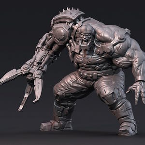 May include: A grey, muscular figure with a mechanical arm and a menacing expression. The figure is wearing a helmet and jumpsuit. The mechanical arm has large, claw-like pincers. The design suggests a science fiction or fantasy theme, possibly a figurine or model.