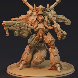 May include: A brown, detailed, articulated, plastic model of a female pilot in a mech suit. The mech suit has a large gun in its right hand and a large claw in its left hand.