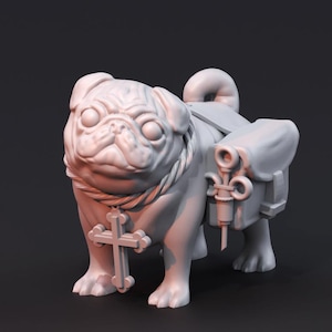 May include: A white 3D printed figurine of a pug wearing a rope necklace with a cross pendant and a backpack with a syringe and other medical supplies.