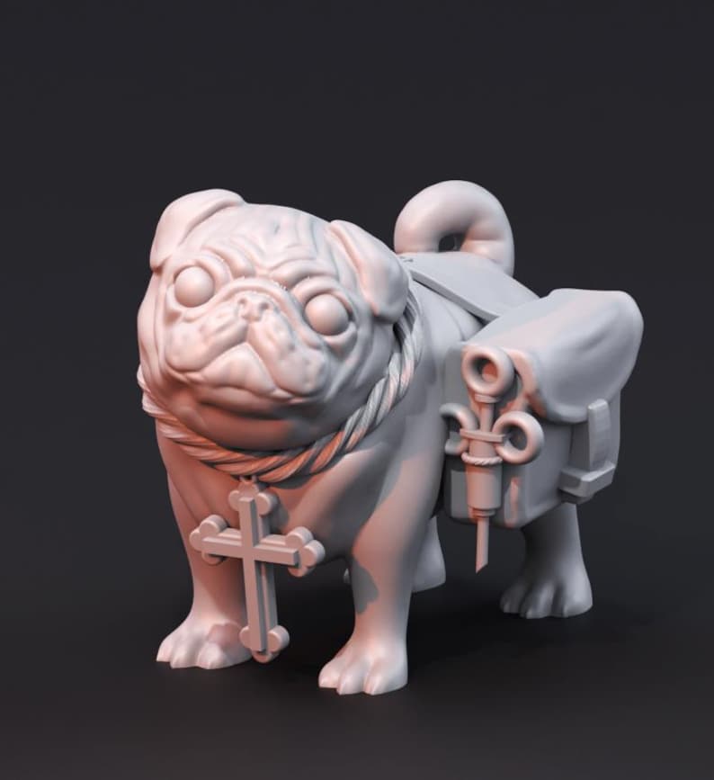 May include: A white 3D printed figurine of a pug wearing a rope necklace with a cross pendant and a backpack with a syringe and other medical supplies.