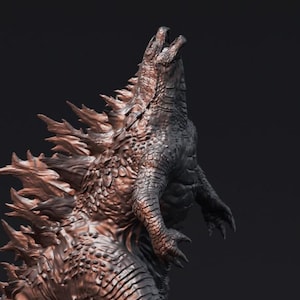 Könnte beinhalten: Eine detaillierte, bronzefarbene Skulptur eines Monsters mit scharfen Zähnen und Krallen, das auf seinen Hinterbeinen steht, den Kopf nach hinten geneigt und den Mund in einem Brüllen geöffnet hat. Das Monster hat einen stacheligen, reptilienartigen Rücken und einen strukturierten, schuppigen Körper.