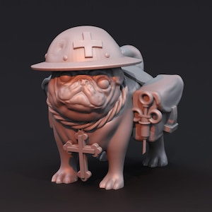 May include: A grey 3D printed figurine of a pug wearing a military helmet with a red cross, a rope necklace with a cross pendant, and a medical bag with a syringe and scissors.