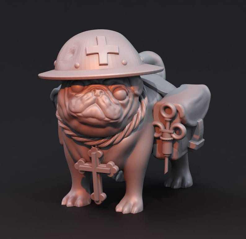 May include: A grey 3D printed figurine of a pug wearing a military helmet with a red cross, a rope necklace with a cross pendant, and a medical bag with a syringe and scissors.