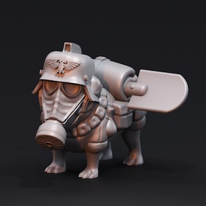 May include: A grey 3D printed model of a dog wearing a gas mask and a helmet with an eagle insignia. The dog is carrying a backpack and a shovel on its back.
