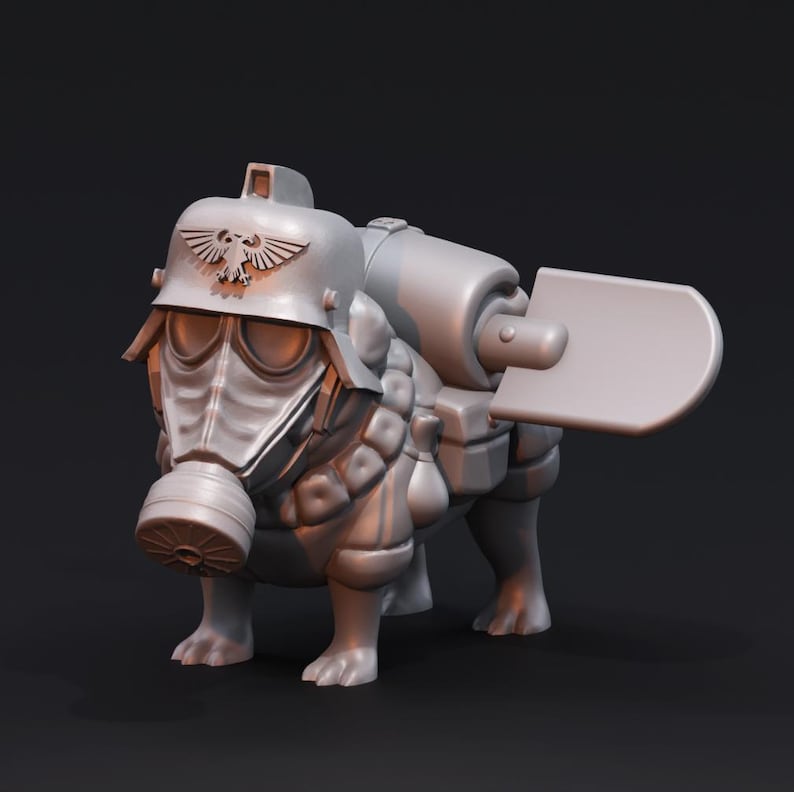 May include: A grey 3D printed model of a dog wearing a gas mask and a helmet with an eagle insignia. The dog is carrying a backpack and a shovel on its back.