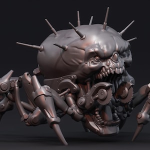 Puede incluir: Criatura mecánica gris con forma de araña y cabeza de calavera. La cabeza presenta dientes afilados y púas, con patas y engranajes mecánicos. El diseño sugiere una mezcla de elementos orgánicos y robóticos.