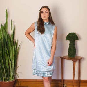 Vintage Mod Cocktail Dress Baby Blue Silk and Jewels 60s Shift Dress High Neck Twiggy