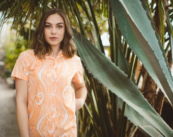 Vintage Shift Dress, Retro Orange Shirt Dress, 60s 70s Dress, Orange Creamsicle, Psychedelic Swirl, Button Down, Short Sleeve Housedress