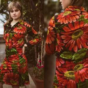 Vintage Skirt and Shirt, 70s Floral Matching Set, Red Orange, Long Sleeve Dress, Button Up, Women's Separates, Groovy Retro