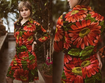 Vintage Skirt and Shirt, 70s Floral Matching Set, Red Orange, Long Sleeve Dress, Button Up, Women's Separates, Groovy Retro