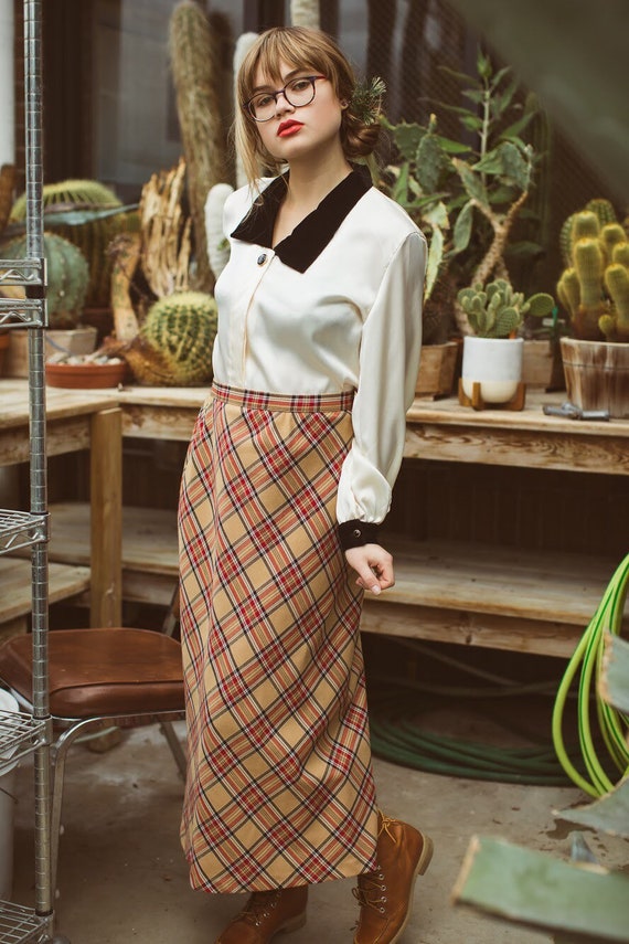 red and black plaid maxi skirt