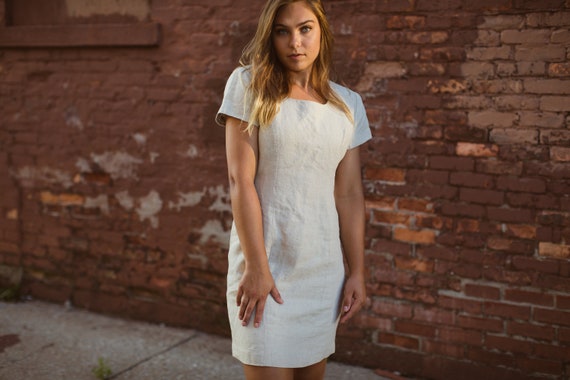 Linen Dress, Vintage Shift Dress, Short Sleeve Dre