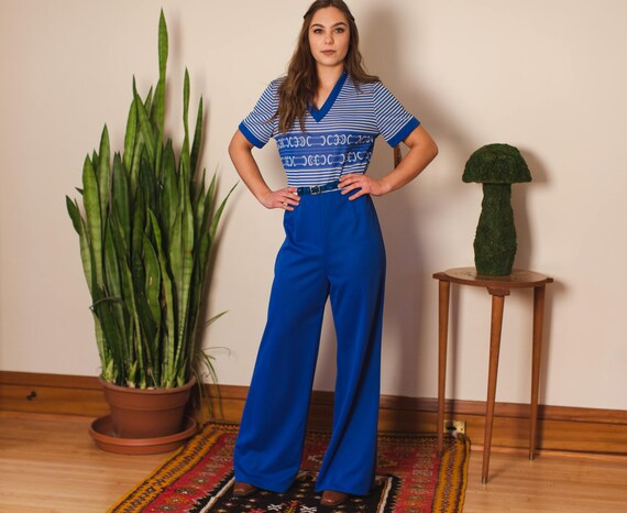 Vintage Jumpsuit, 70s Blue Romper, Polyester Bellb