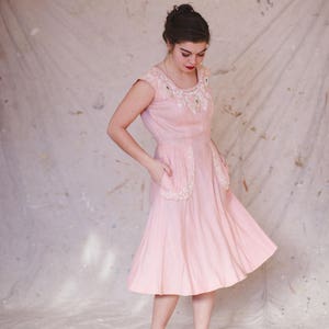 Vintage 60s Pink Dress, Valentines Day Dress, 1960s A-Line Dress, Women's Vintage, Princess Fancy Sparkle Applique Embroidery