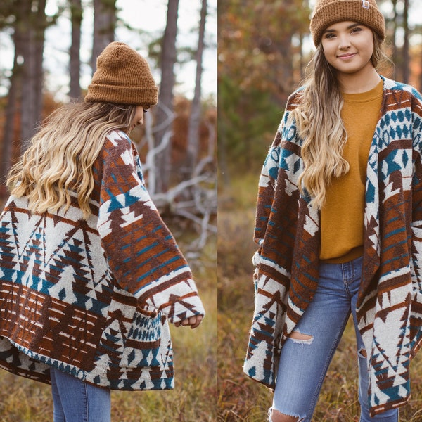 Boho Aztec Jacket, Tribal Print, Wool Trapeze Coat, PNW Outerwear, Native American, Mountain Cardigan, Out West, Southwestern Blanket Coat