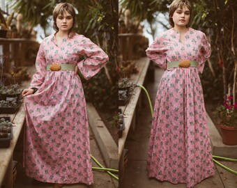 Vestido vintage floral rosa, vestido maxi de manga larga, vestido de algodón hecho a mano, vestido de los años 70, modesto